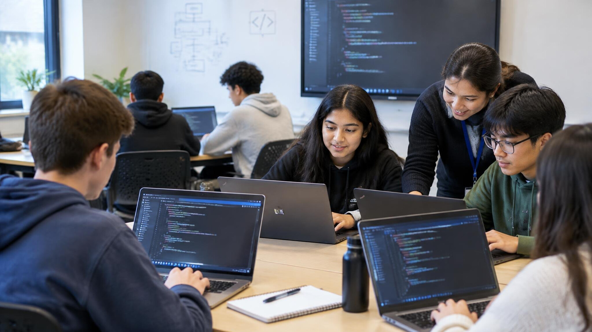 students coding in classroom