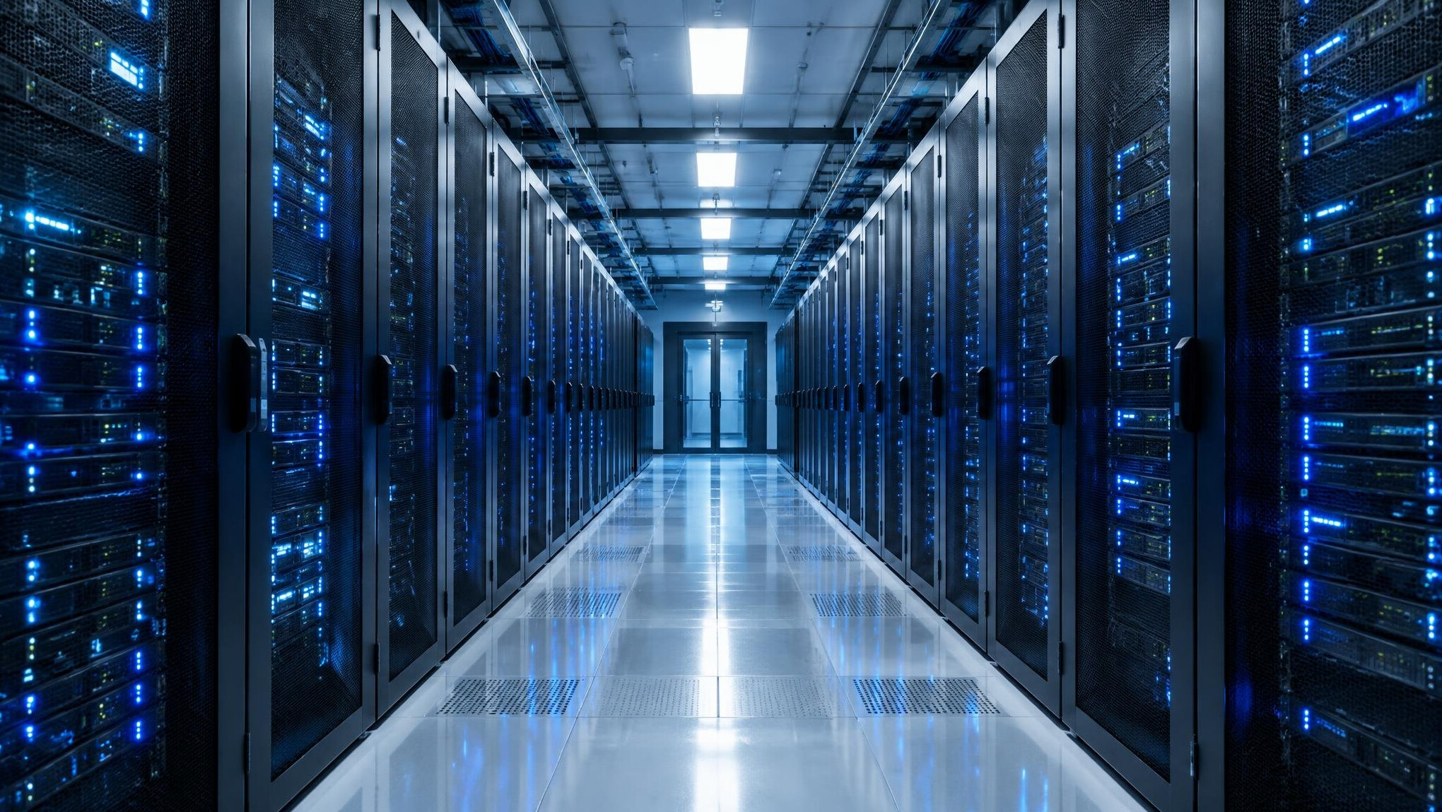 Rows of servers in a data center corridor