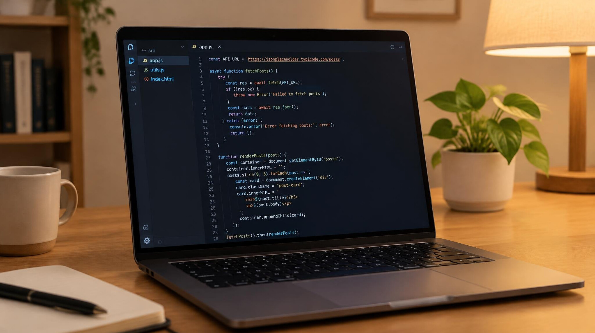 Laptop with JavaScript code open in an editor