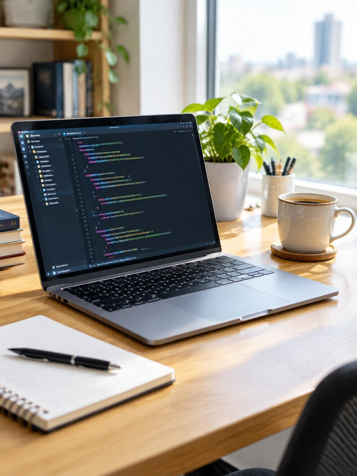 Laptop with programming code on a bright desk