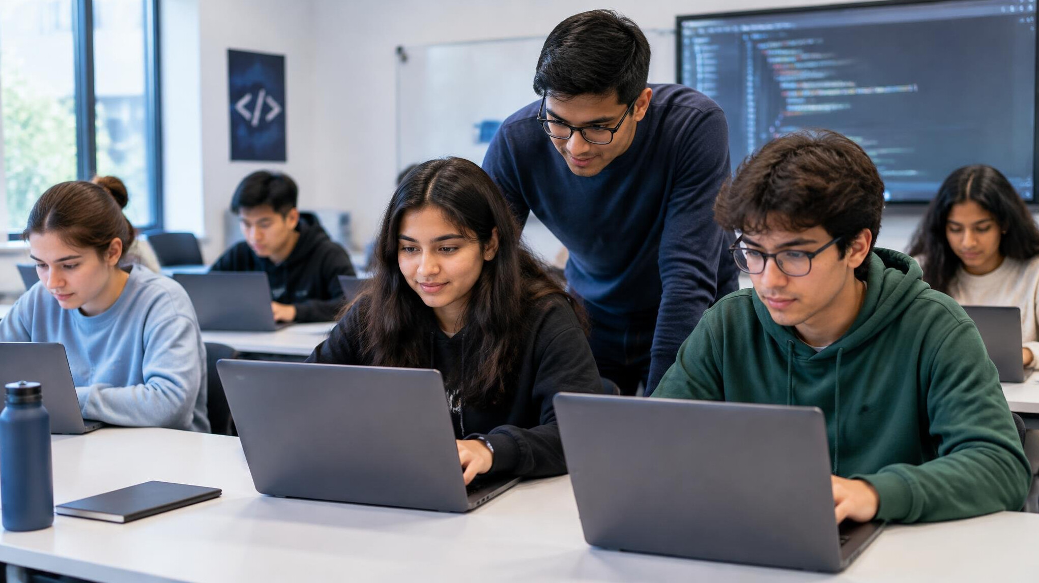 students learning programming in classroom