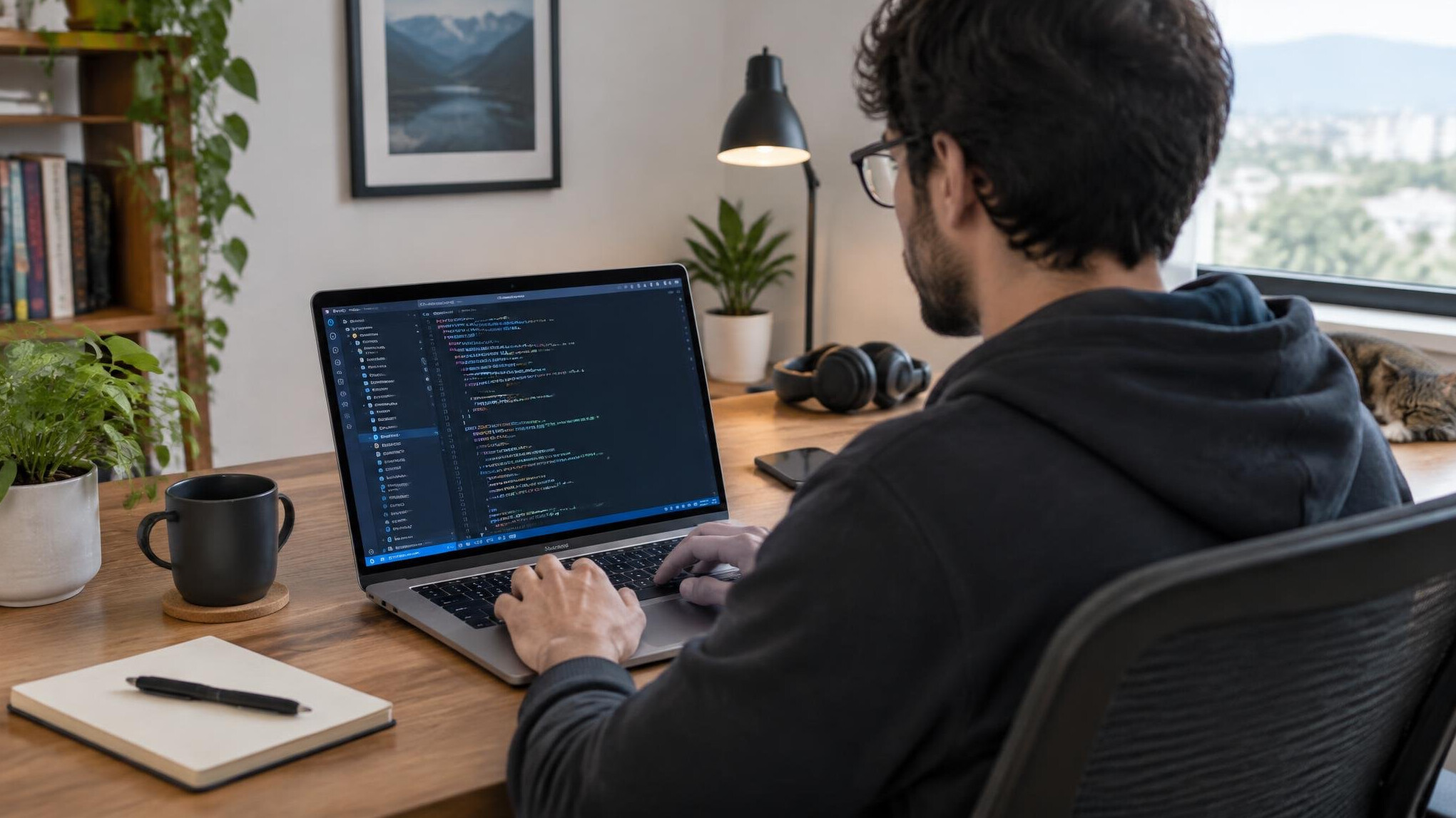 person coding at desk