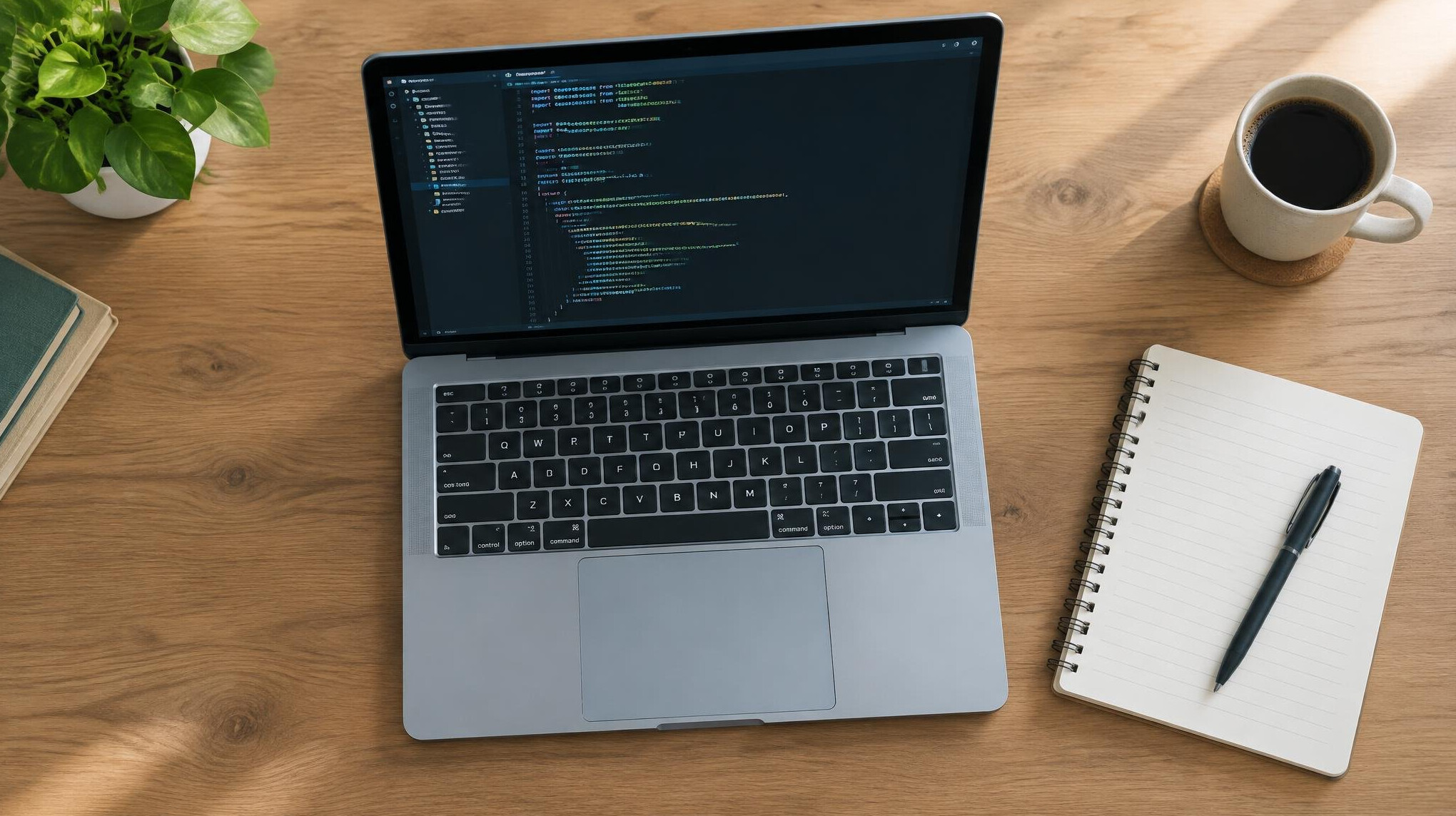 Laptop and notebook on a wooden desk with code on screen