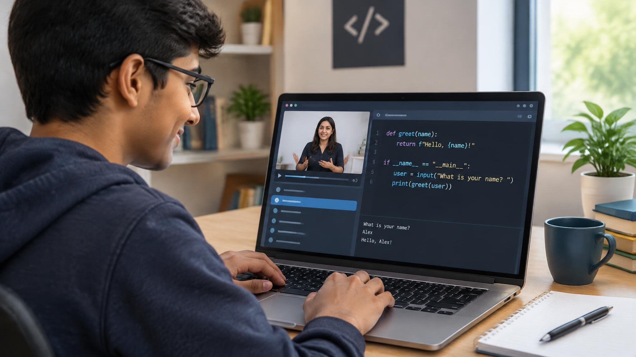 student learning coding on laptop